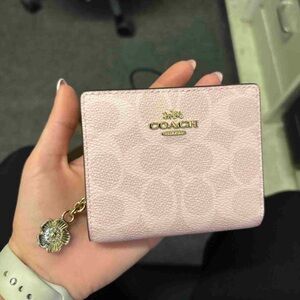 Coach Powder Pink Snap Wallet In Signature Canvas With Charm